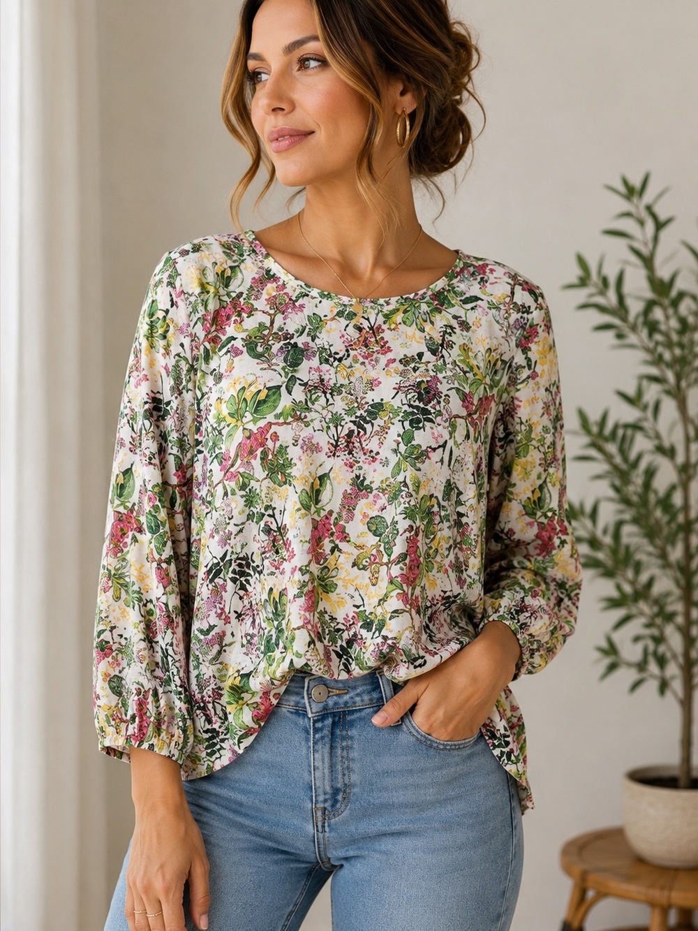 Jiva Clothing Floral Raime Green Tunic Blouse 3/4 Sleeves Size 2 (10-12 US)